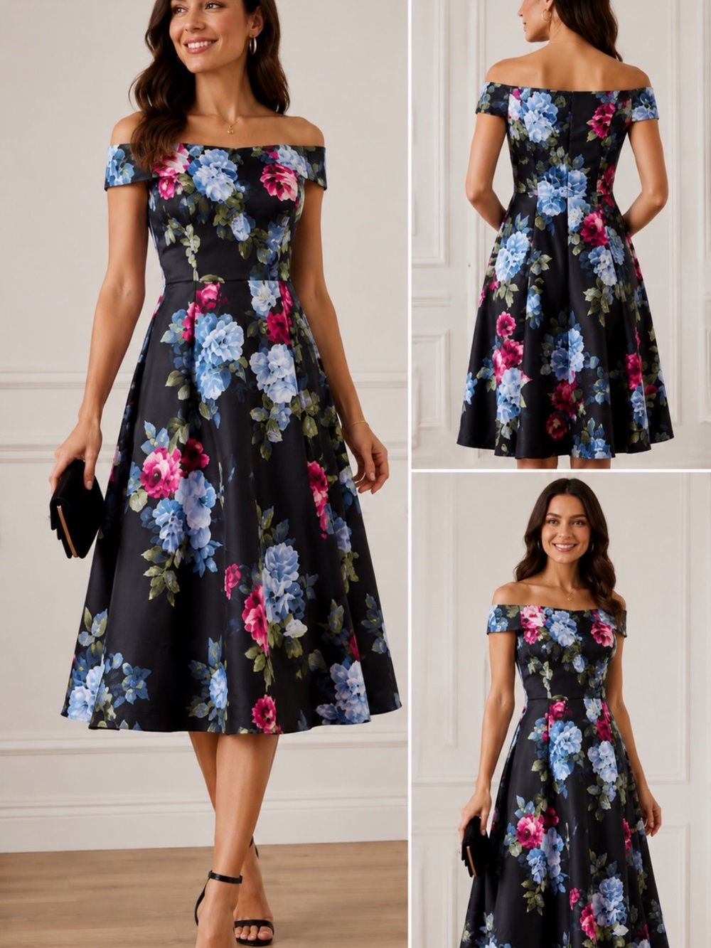 NWT Donna Ricco New York Floral Fit Flare A-Line Dress Black Pink Blue Size 10